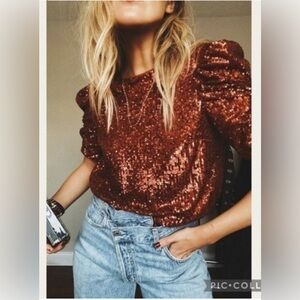 Anthropologie Marie copper sequin blouse